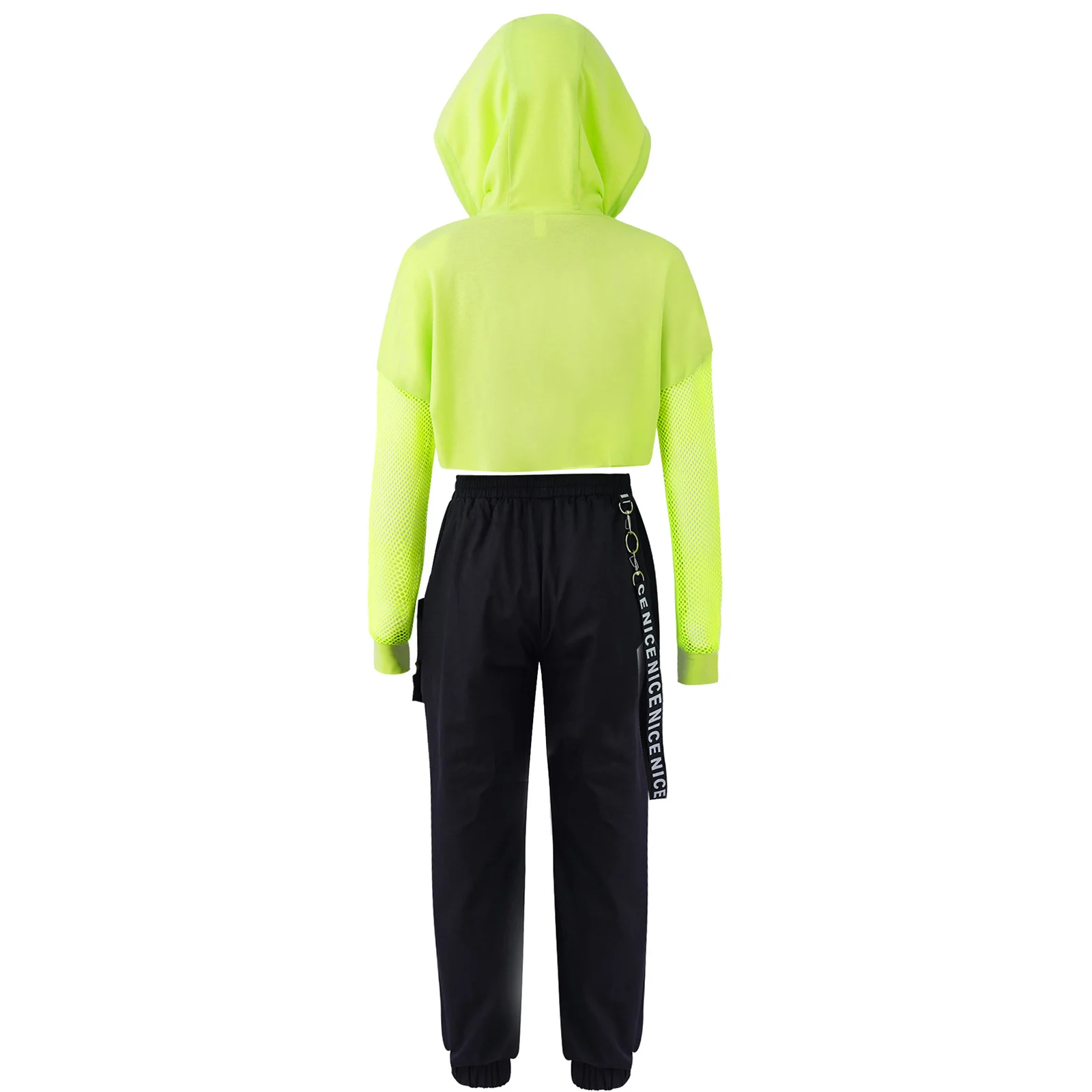 3Pcs Kids Girls Jazz Hip Hop Modern Dance Performance Costume Hooded Net Cover Up Tops with Crop Vest And Pants Set Dancewear