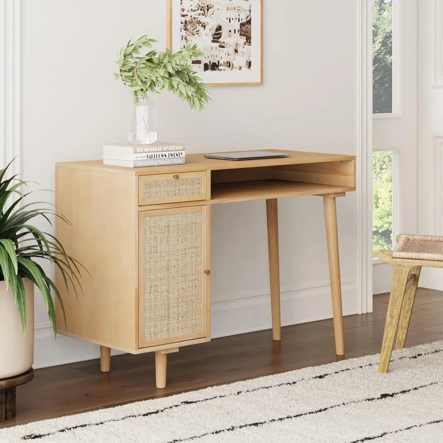 Aaron Modern Desk With Storage, Natural Rattan Table With Square Webbing And Gold Accent Knobs, Natural Brown