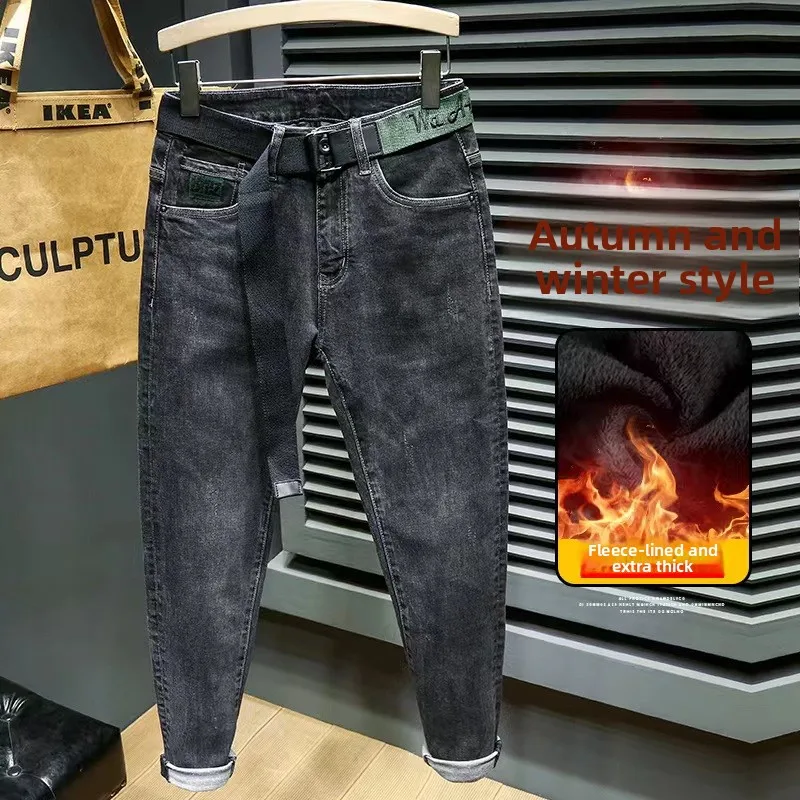 

Мужские джинсы Thiened Fce, модные облегающие зимние длинные брюки, хлопковые джинсы со средней талией, застежка-молния, молодежная повседневная мода