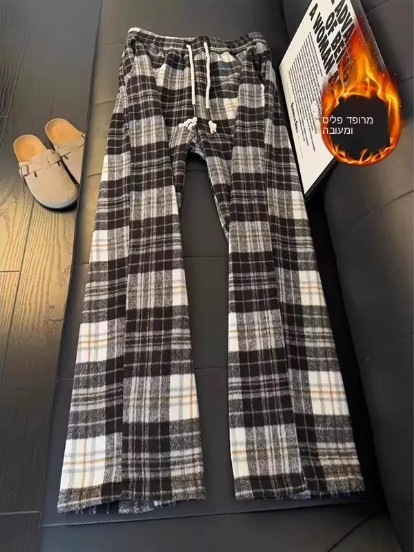 

Vintage Plaid Fleece Lined Thickened Straight Leg Men's Casual Pants Winter Warm Elastic Waist Polyester Fiber Straight Tube ...