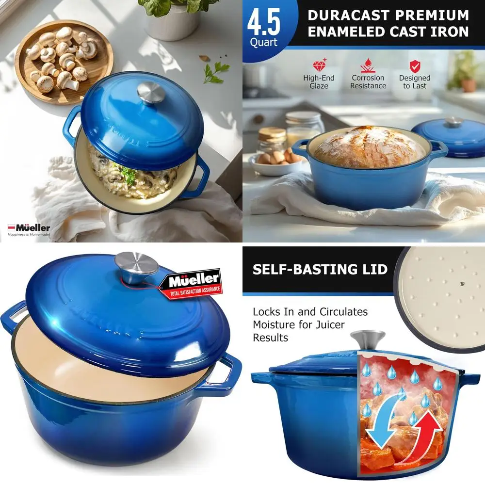 

Голубая эмалированная чугунная голландская духовка, сверхпрочная тарелка для запеканки и сковорода с крышкой и ручкой из нержавеющей стали, безопасная в духовке до 50 лет