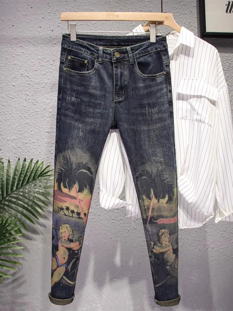 

Мужские джинсы с американской талией в стиле ретро, облегающие повседневные длинные брюки с принтом, дышащие, эластичные, весна-осень-зима, уличные брюки...