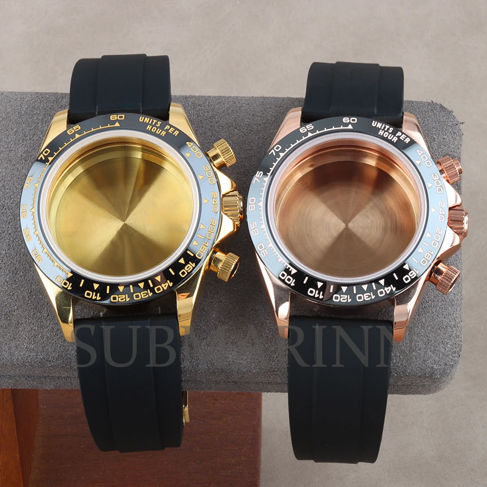 40mm VK63 Watch Case Rose Gold/Gold Pvd Stainless Steel Sapphire Fit DAYTONA VK63 VK64 Quartz Movement 29mm Dial Rubber Bracelet