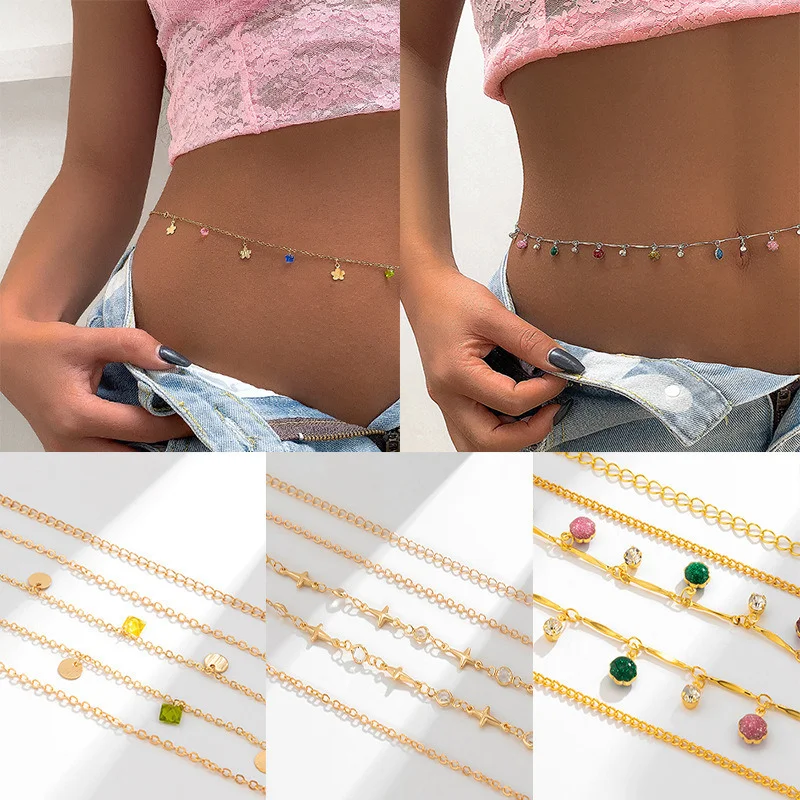 Fashion New Exquisite Simple Tassel Star Colored Crystal Waist Chain All-match Metal Knuckle Chains Belt Jewelry Gift for Women