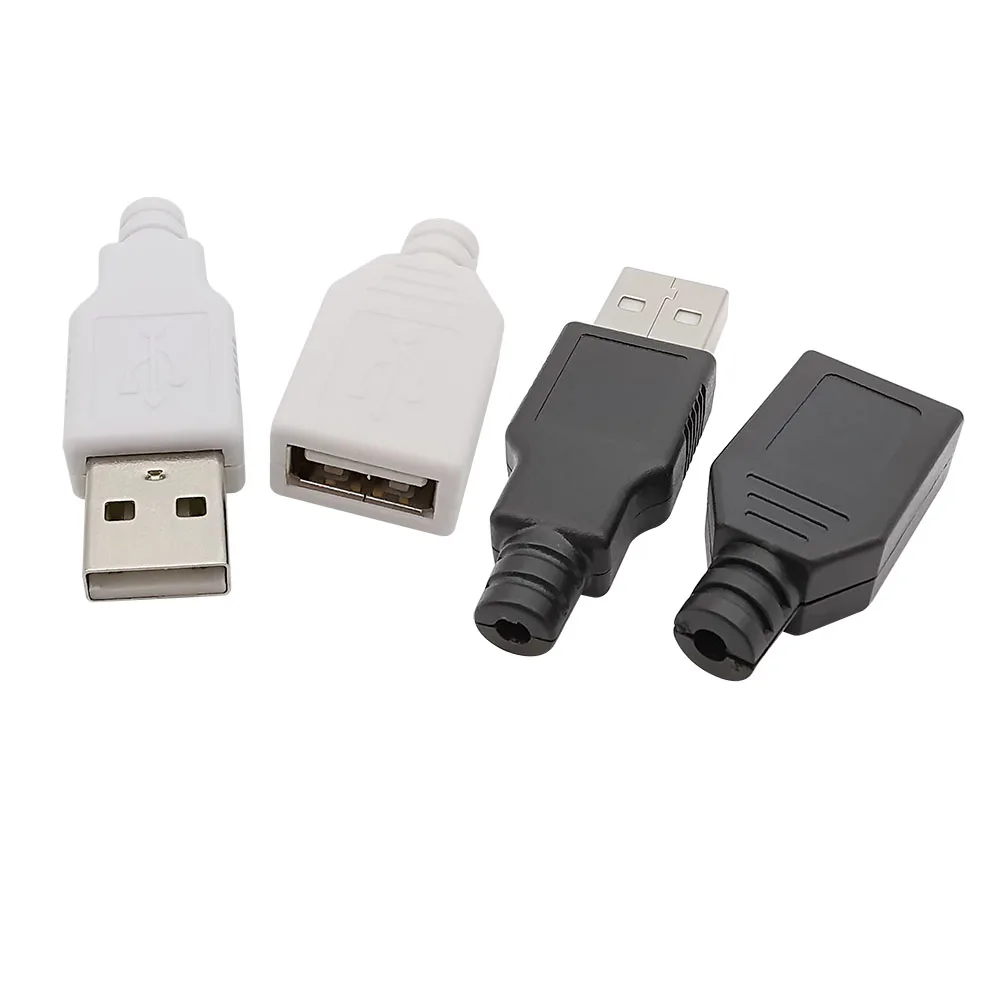 USB tipo A macho tomada fêmea, 4 pinos conector com tampa de plástico preto ou branco, DIY montagem solda Kits, 5pcs