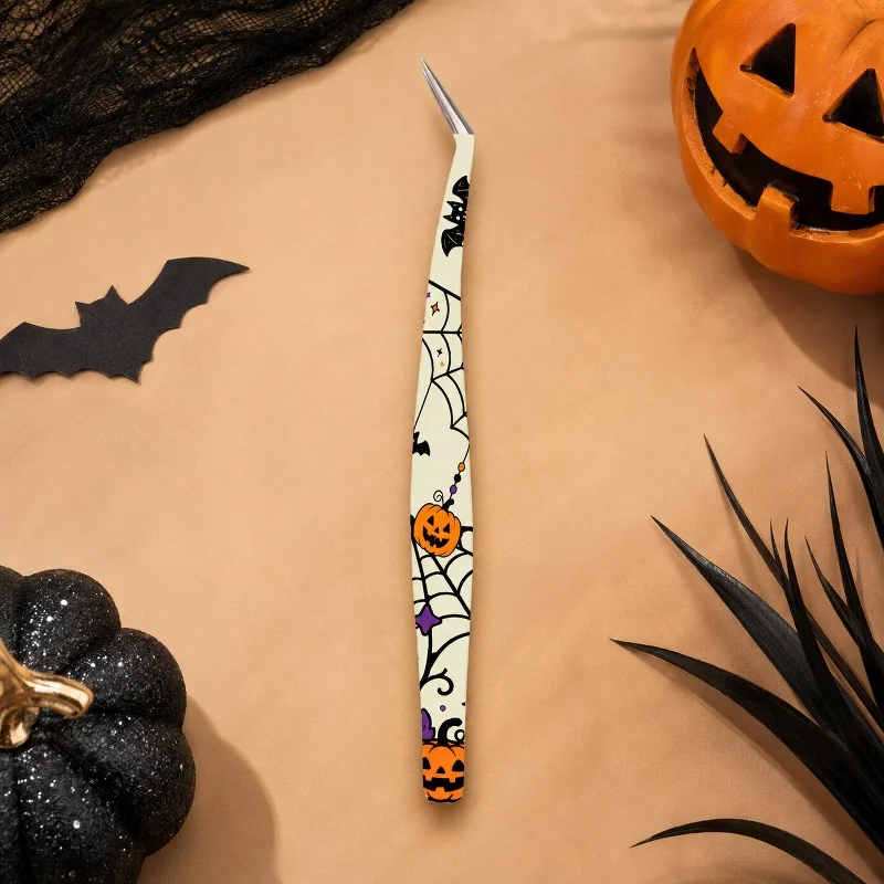 1pc Halloween Spider Web Pumpkin Angled Eyebrow Tweezers Stainless Steel Precision Hair Remover Makeup Tool