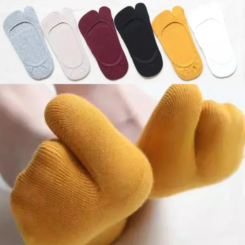 Women Men Summer Socks Two Toes Combed Cotton Boat Socks Solid Breathable Non-slip Invisible Low Cut