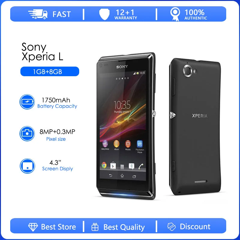 Original Unlocked Sony Xperia L C2105 3G Single Sim 1GB RAM+8GB Dual-core 8MP 4.3'' 1750mAh Android 4.1 NFC FM radio Smartphone