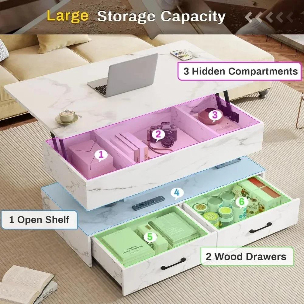 Mesa de centro elevatória de 40 polegadas, mesa de centro da sala de estar com armazenamento, mesa de centro pequena com 2 gavetas e luz LED