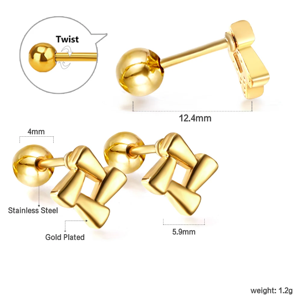 Bulk Lots 6Pairs Stainless Steel Gold  Cube Building Block Earrings Screw Back Geometric Studs Wholesale For Small Businesss