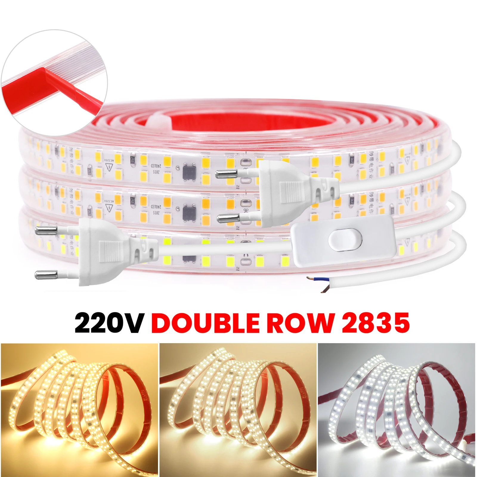 Double Row AC220V 2835 LED Strip 240LEDs Led Lamp Tape With IC Power 2Pin/EU Plug/Switch Control IP65 Waterproof Home Decoration