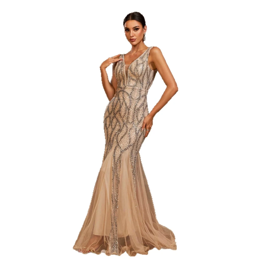 V Neck Sequin Mesh Mermaid Evening Gown For Women Sequins Sleeveless Elegant Lace Lace Maxi Dress Prom Party Evening Dresses