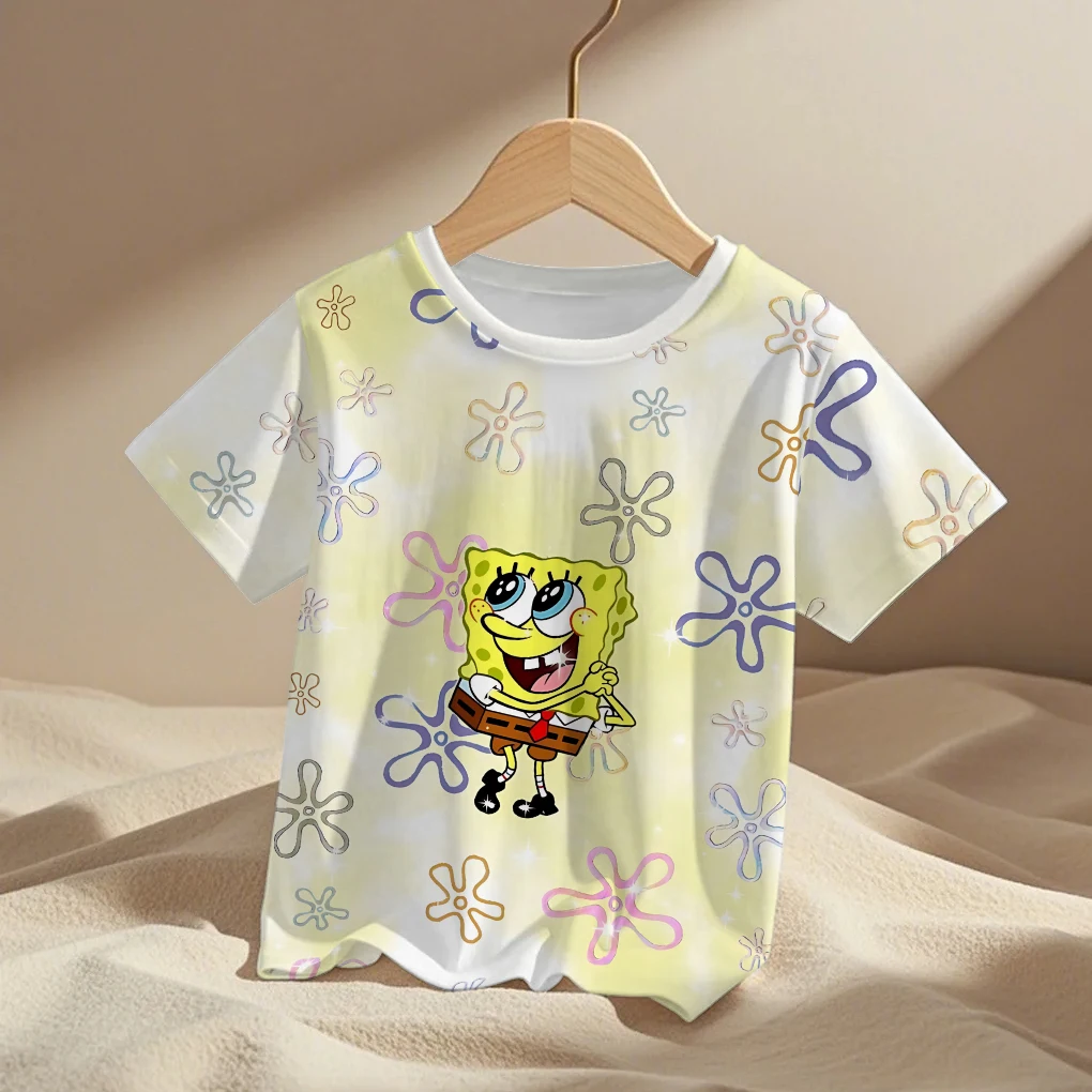 

2025 Summer New Boys Clothes Girls 3D SpongeBob SquarePants Round Neck T-shirt Kids Street Leisure Sports Breathable Tops