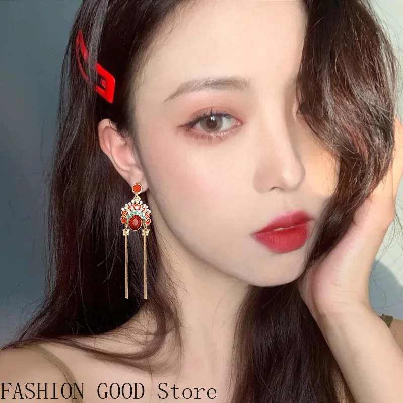 Chinese Style Retro Long Opera Face Earrings Female Personality Internet Celebrity Temperament Tassel Earrings Official Website