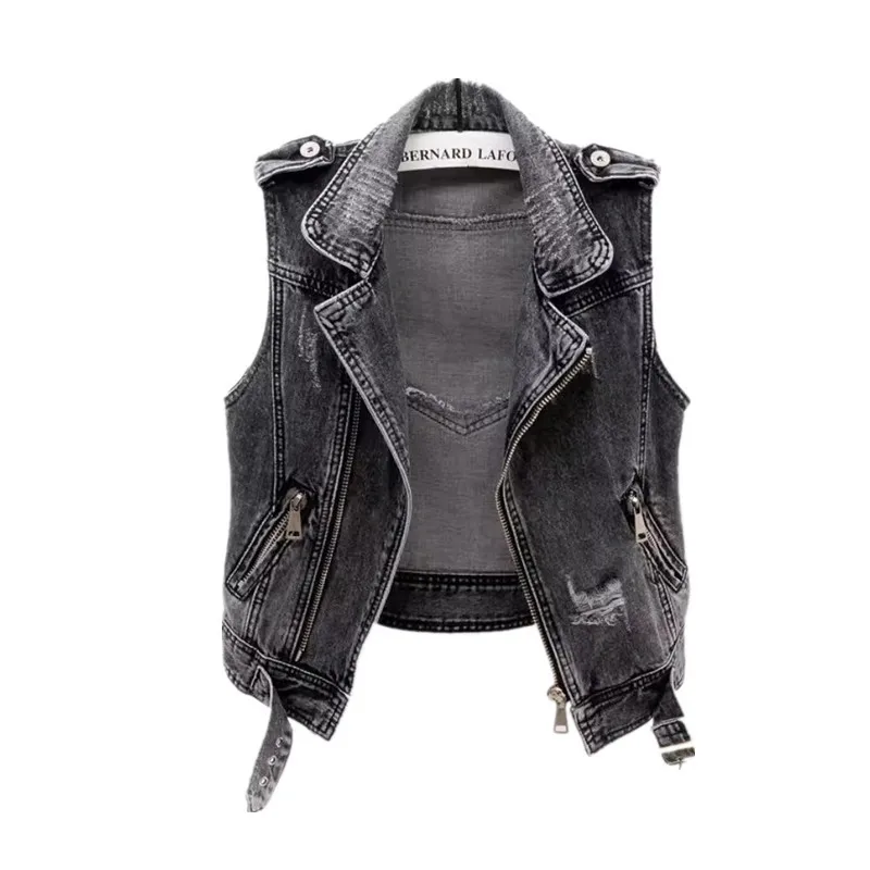 

Hole Denim Vest Women Tops 2024 Spring Autumn new Sleeveless Short Jacket zipper Jean Waistcoat Female Cowboy Outwear 5XL T029