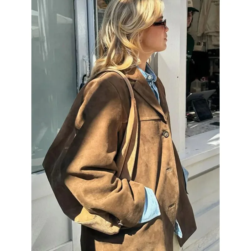 Retro Brown Button-Up Long Sleeve Jacket with Lapel, Street Style