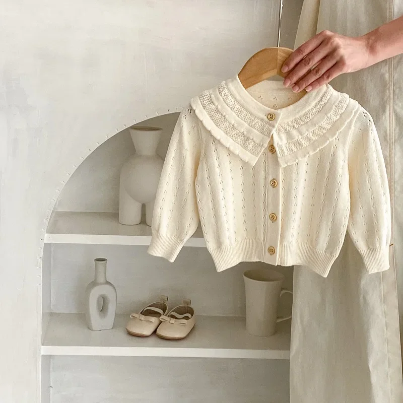 

2024 Summer Baby Girl Knitwear Coat 0-3Years Newborn Kids Solid Color Long Sleeve Hollow Out Air Condition Shirt Sweater Clothes