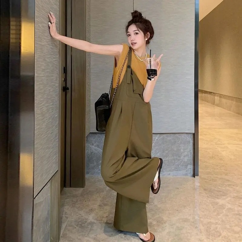 Elegant Ice Silk Bib Overalls Women's Summer 2026 New Style Slimming Street Fashion Drapey One-Piece Pants High Waist Long Leg