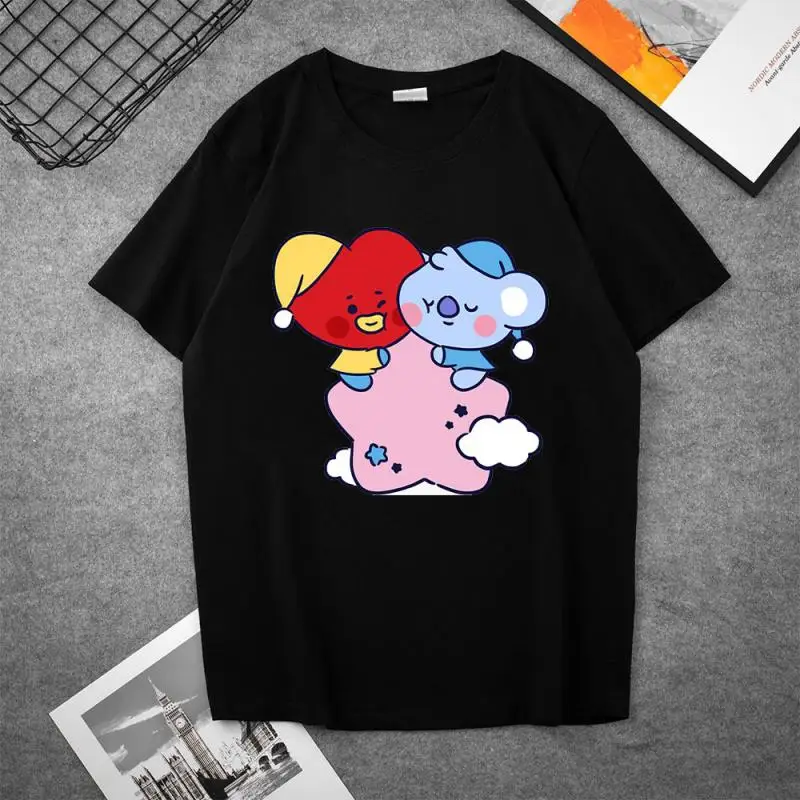 

2Pcs Anime New Bt21 Cooky Shooky Short Sleeved Y2K Summer Women's Cartoon Loose T-Shirt Fashionable Casual Couple Top Set Gifts