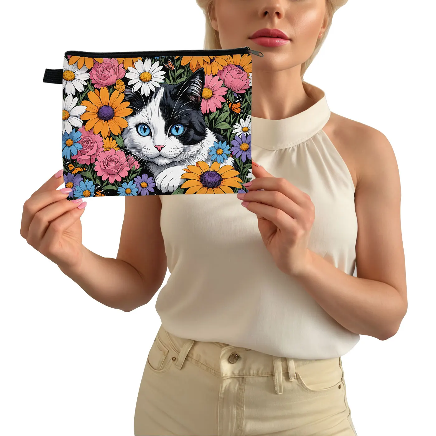 Estuche de cosméticos con estampado de gatito Kawaii para mujer, organizador de maquillaje, bolsa de almacenamiento de servilletas, bolsa de artículos de tocador para mujer, mariposa, flores, gato