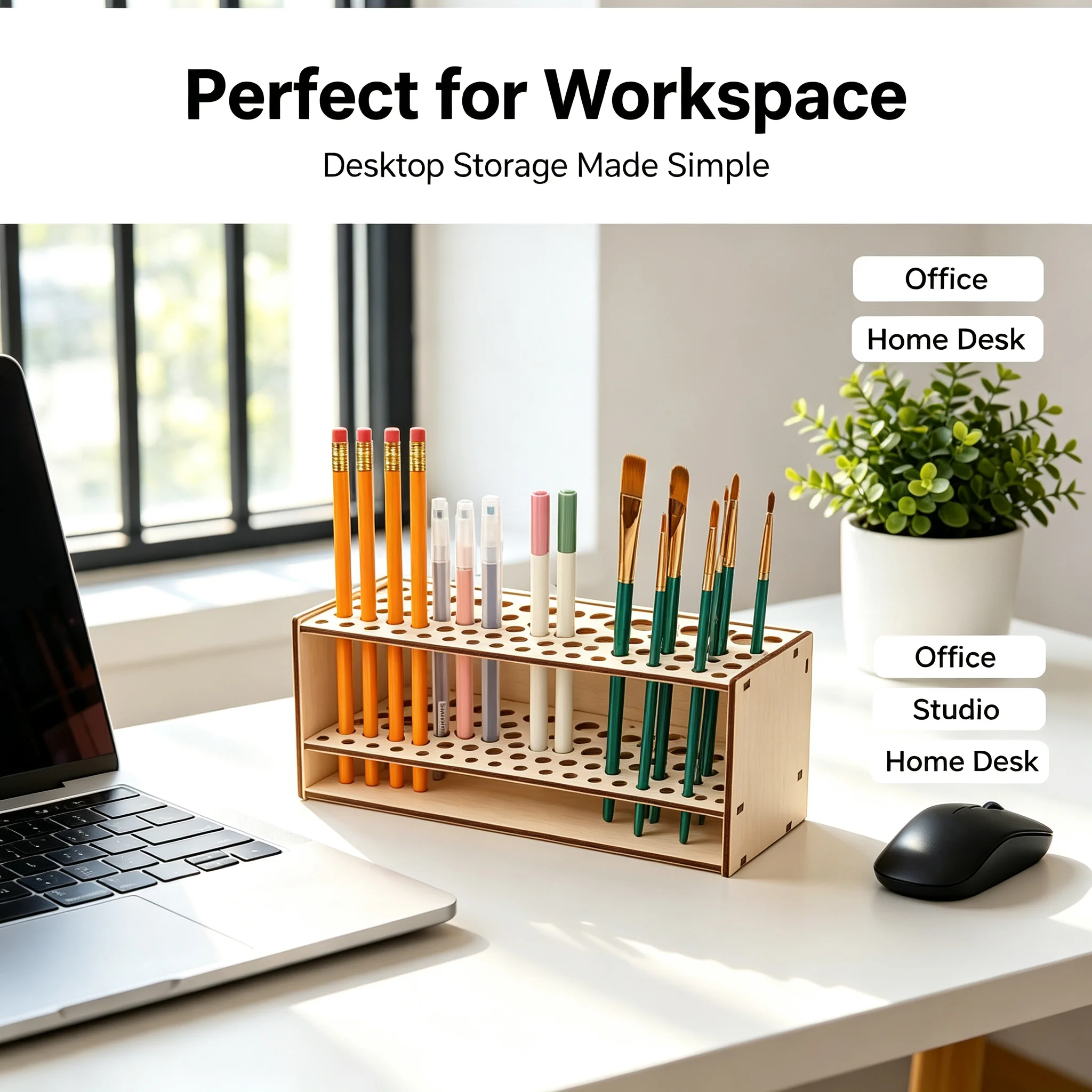 67-Slot Wooden Brush Holder Large Capacity Desk Organizer for Pencils Paint Brushes Makeup Tools Office HomePen Holder Pen Case