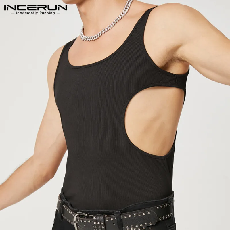 INCERUN Men Tank Tops Solid Color O-neck Sleeveless Hollow Out Streetwear Vests Men Sexy 2024 Party Nightclub Casual Tops S-5XL