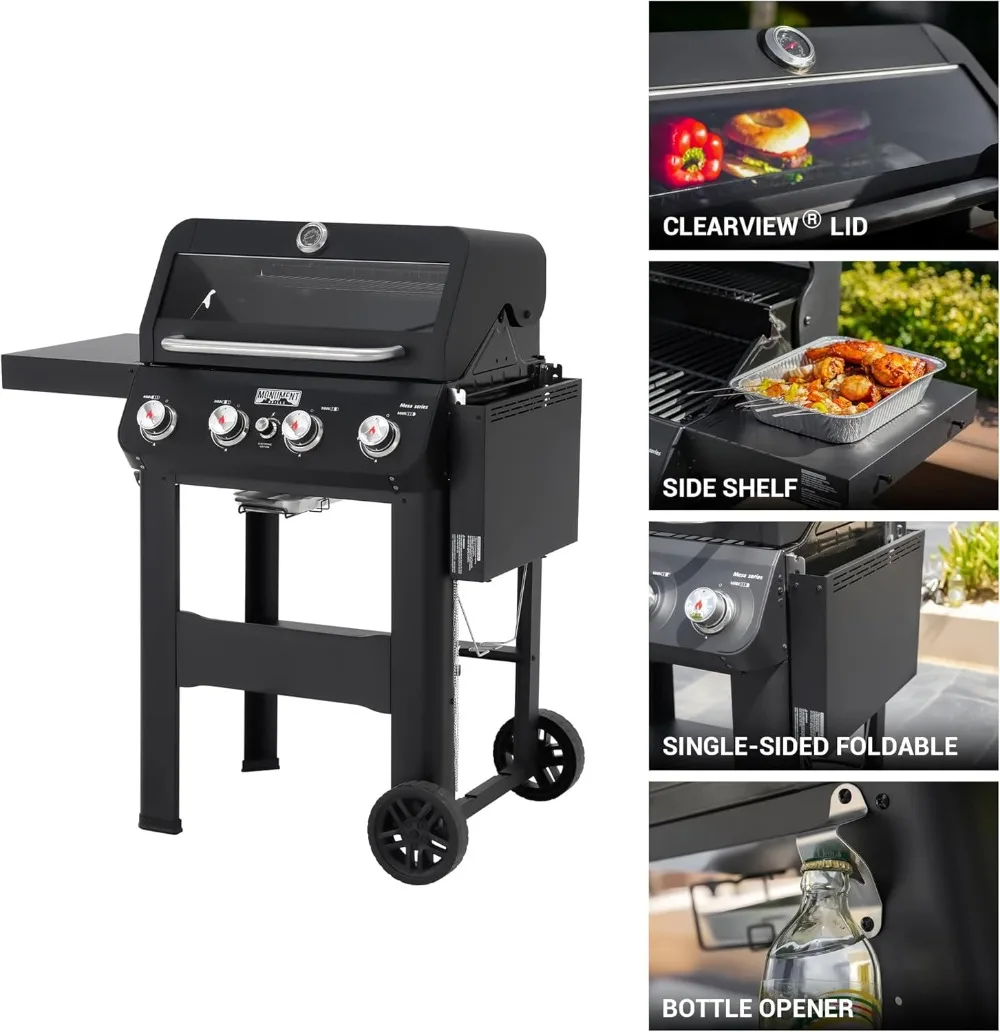 4-Burner Liquid Propane Gas Grill, Black Stainless Steel Grill with Clearview® Lid and One Foldable Shelve for Outdoor