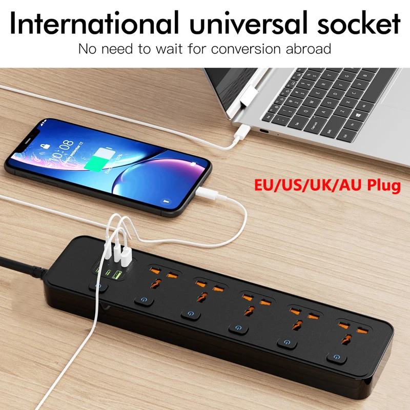 Universal 5 AC Outlet Power Strip with 1.8M Extension Cord 4 USB-A 2 USB-C Port Charge Electrical Socket AU EU US UK Plug