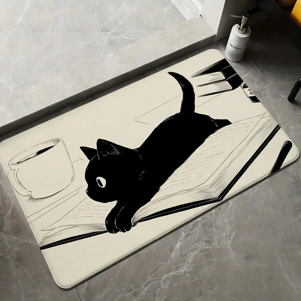 Black Mischievous Cat Floor Mat Flannel Rugs Soft Winter Warmth Floor Mat Thickened Non-Slip for Living Room Home Door Mat
