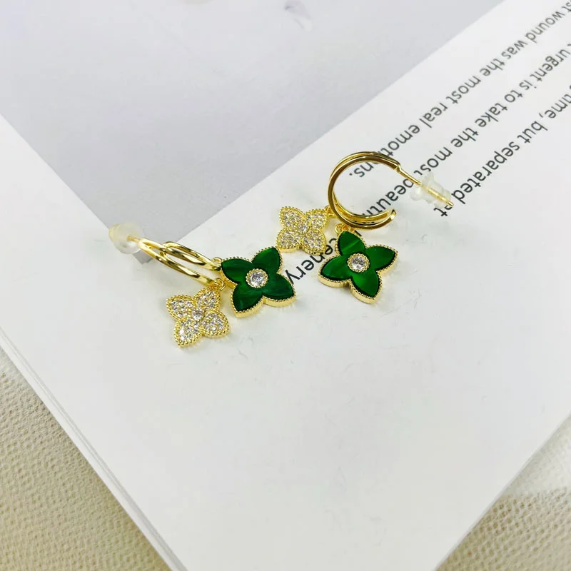 Trendy Rhinestone Four Petal Flower Earring For Women Fashion Crystal Green Plant Dangle Earrings Luxury Female Jewelry Gifts