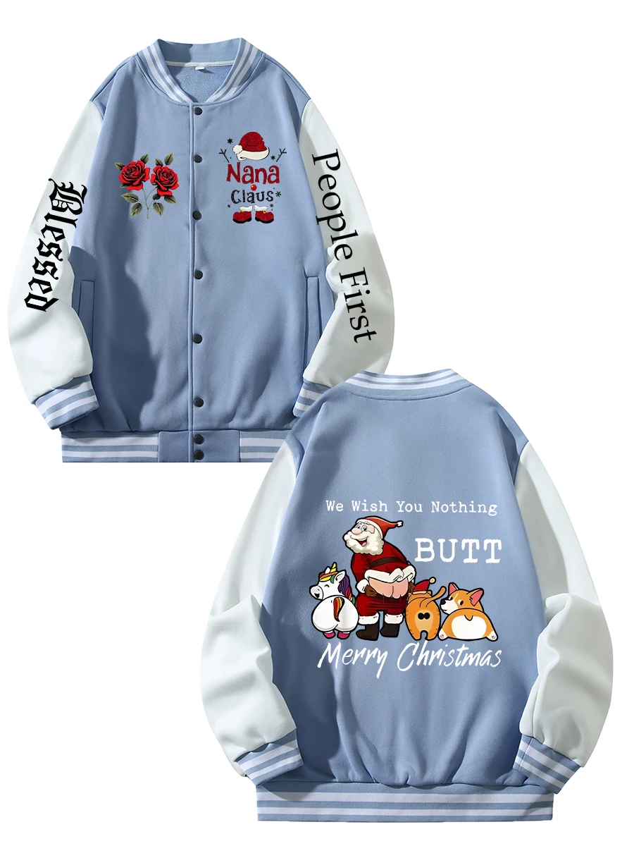 

Black Blue Green Double-sided Christmas Print XS-XXL Unisex Baseball Jacket Streetwear Coat Warm Fleece Soft Jacket