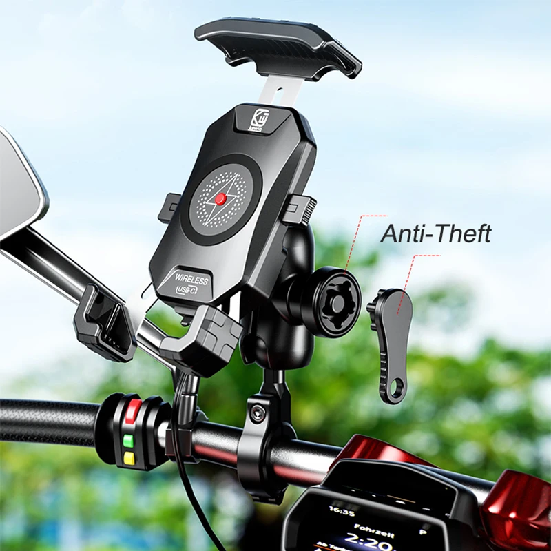 Anti-Theft Motorcycle Phone Holder Wireless Charger 15W & USB C 3A Handlebar Rearview Mirror Mount 12V/24V Rotation Quick Charge