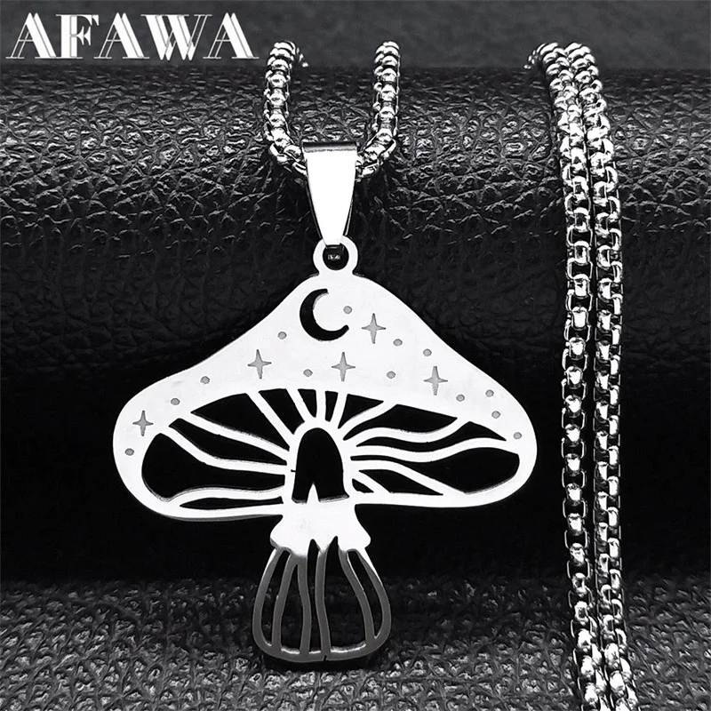 Wicca Mushroom Star Moon Necklace for Women/Men Stainless Steel Magic Pagan Chain Necklace Gothic Grunge Collares Jewelry collar