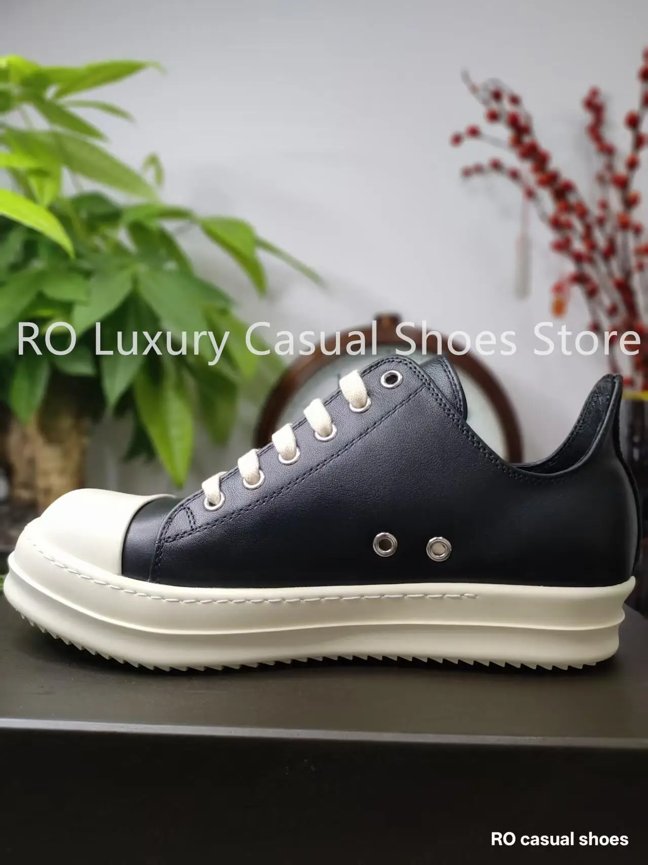 

Ro Genuine Leather Men Casual Shoes Black Leather Low-Top Female Sneakers Lace-Up Flat Shoe Brand Luxury Designer Outdoor Shoes