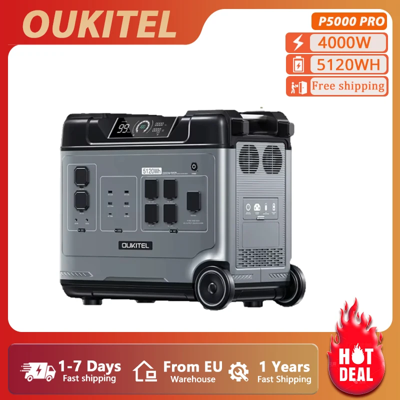 Estación de Energía Portátil OUKITEL P5000 Pro 4000W, Generador Solar de Gran Capacidad LiFePO4 de 5120Wh, UPS de Onda Sinusoidal Pura, Fuente de Alimentación de Emergencia, Ideal para Respaldo Doméstico, Camping al Aire Libre, Viajes en RV, Vida Fuera de la Red y Uso de Energía Móvil de Emergencia en Exteriores