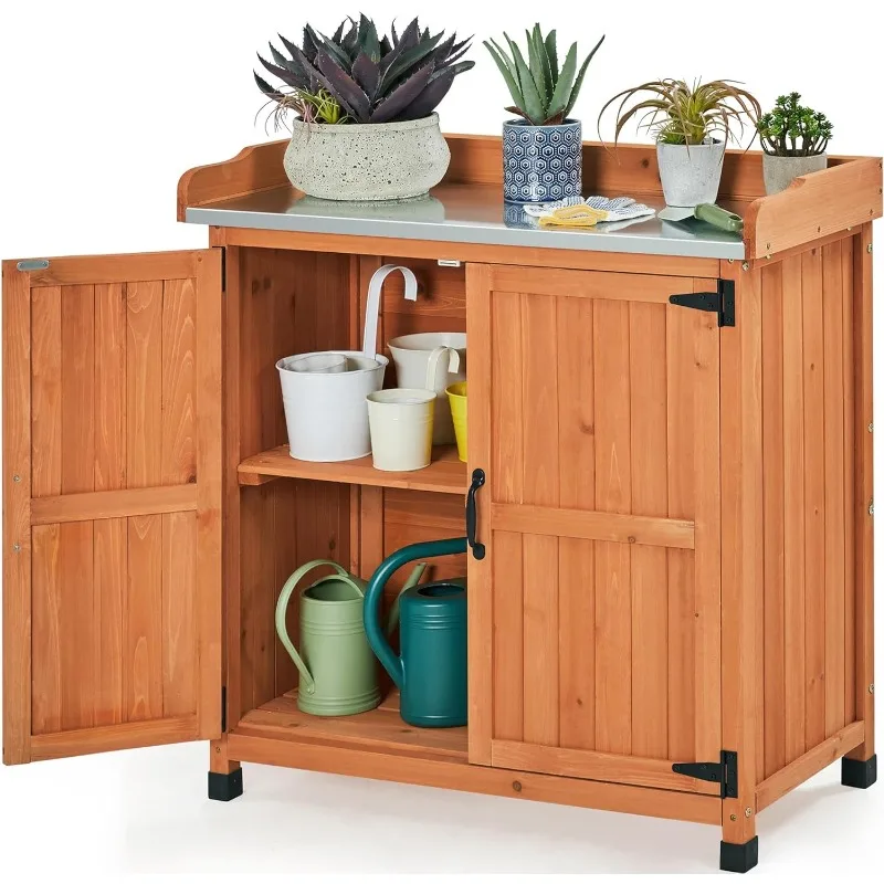 Garden Potting Bench Table - Outdoor Garden Patio Wooden Storage Cabinet & Solid Wood Planting Work Bench with Large