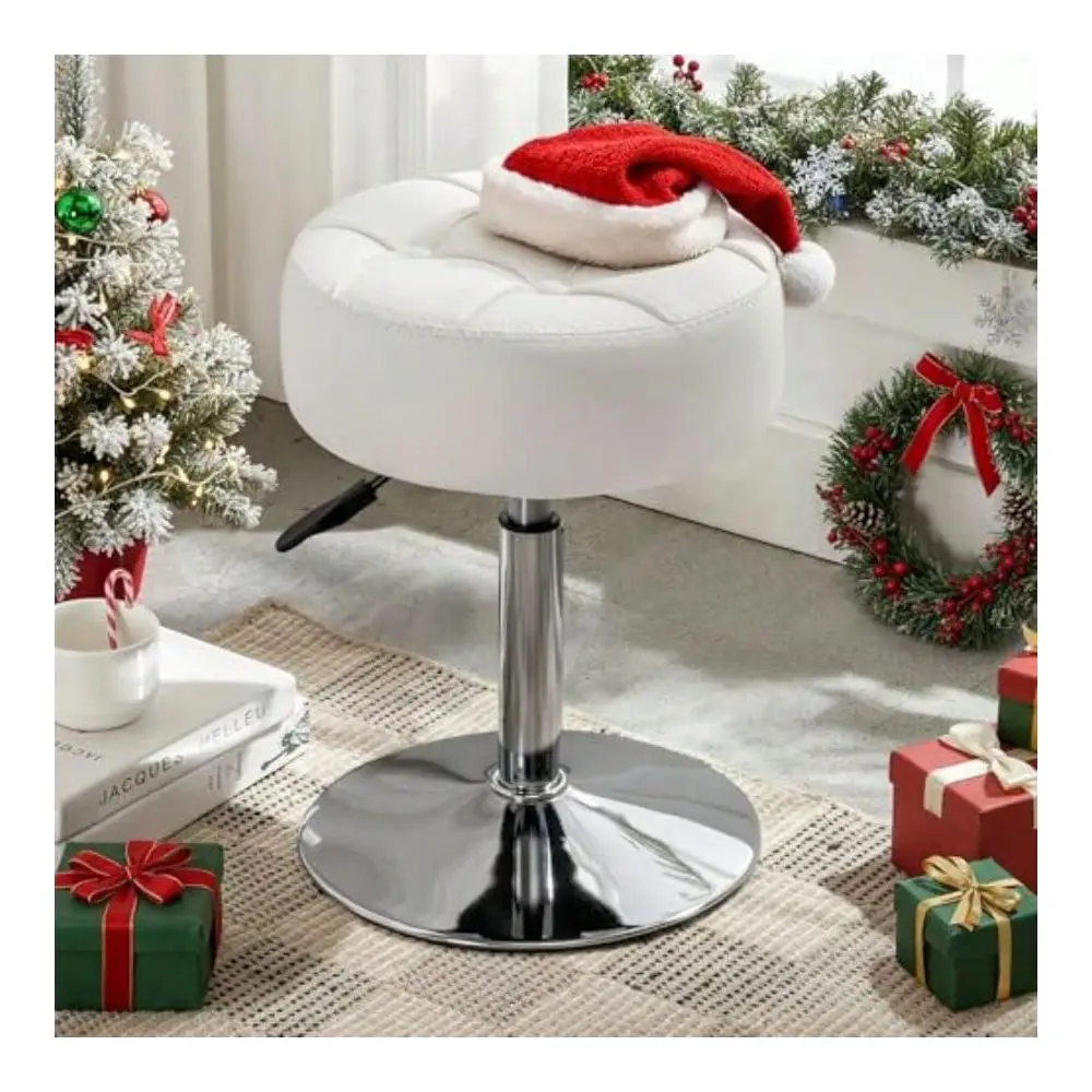 Vanity Stool 360 Swivel Chair For Makeup Room White Faux Leather Stool For Bathroom Living Room
