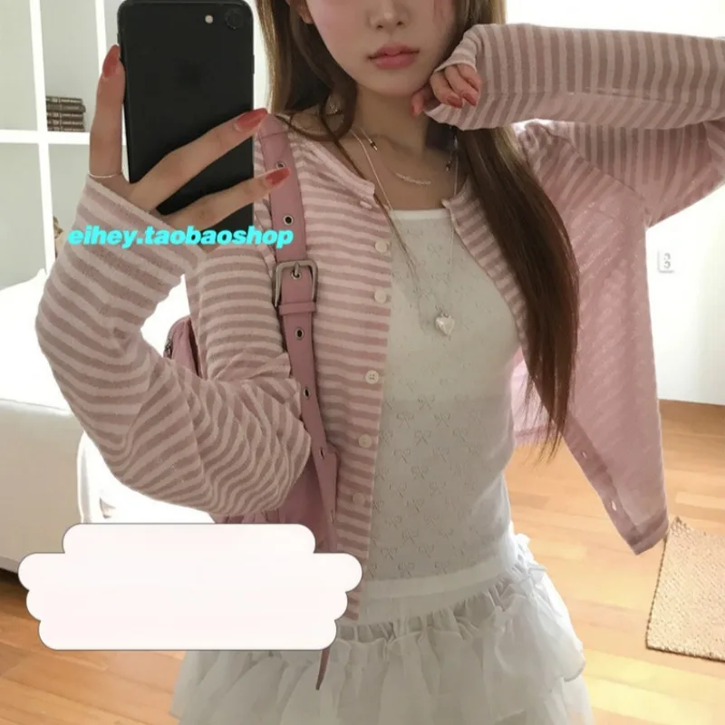 

O-neck Single-breasted Sweet Long Sleeve T-shirt Women 2025 Autumn New Japanese Style Contrast Color Striped Casual Tops