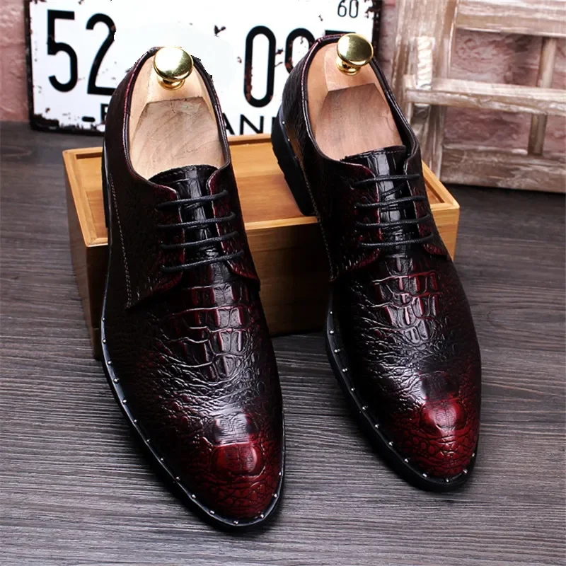 2024 Fashion Men\'s alligator Grain Leather Dress Shoes Man Casual Pointed Toe Oxfords Mens Lace-Up Business Office Oxford Shoe