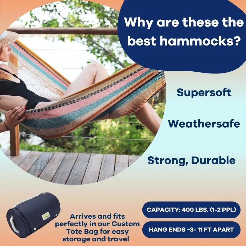 Double Size, Fits 1-2 PPL, 400lb max - Weathersafe, Super Strong, Easy to Hang, Ultra Soft, Artisan Made