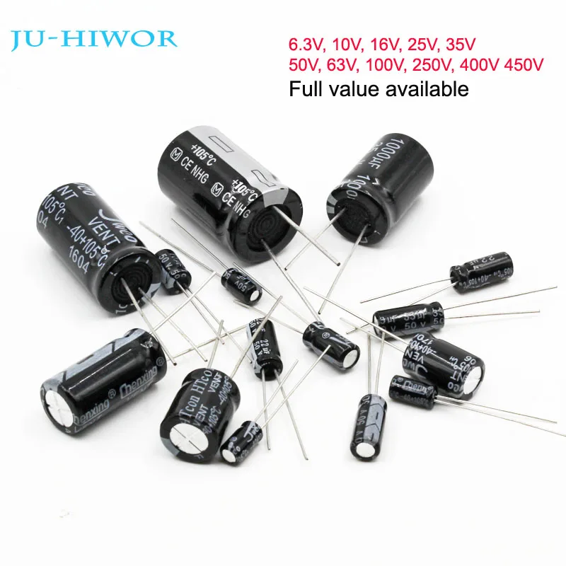 Full Values Aluminum Electrolytic Capacitor 6.3V 10V 16V 25V 35V 50V 63V 100V 250V 400V 450V 10uF to 1000uF 1000uF to 4700uF