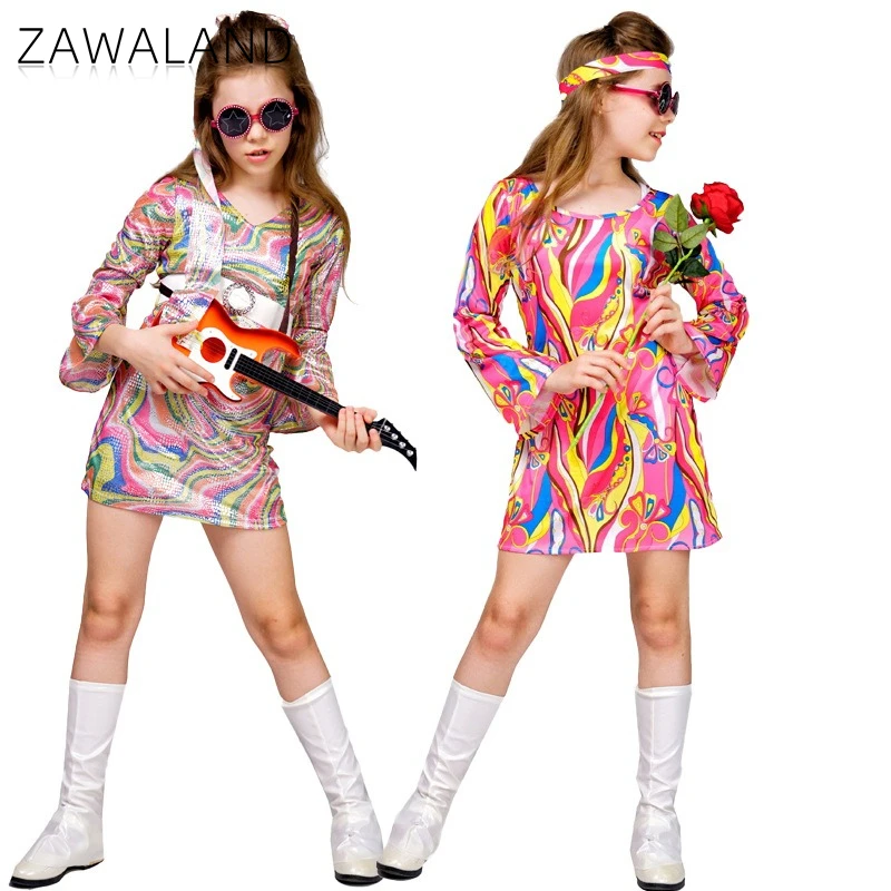 

Retro Hippie Colorful Cosplay Costume Long Sleeve One-piece Dress with Belt Female Party Performance Dress Fashion Stage Outfits