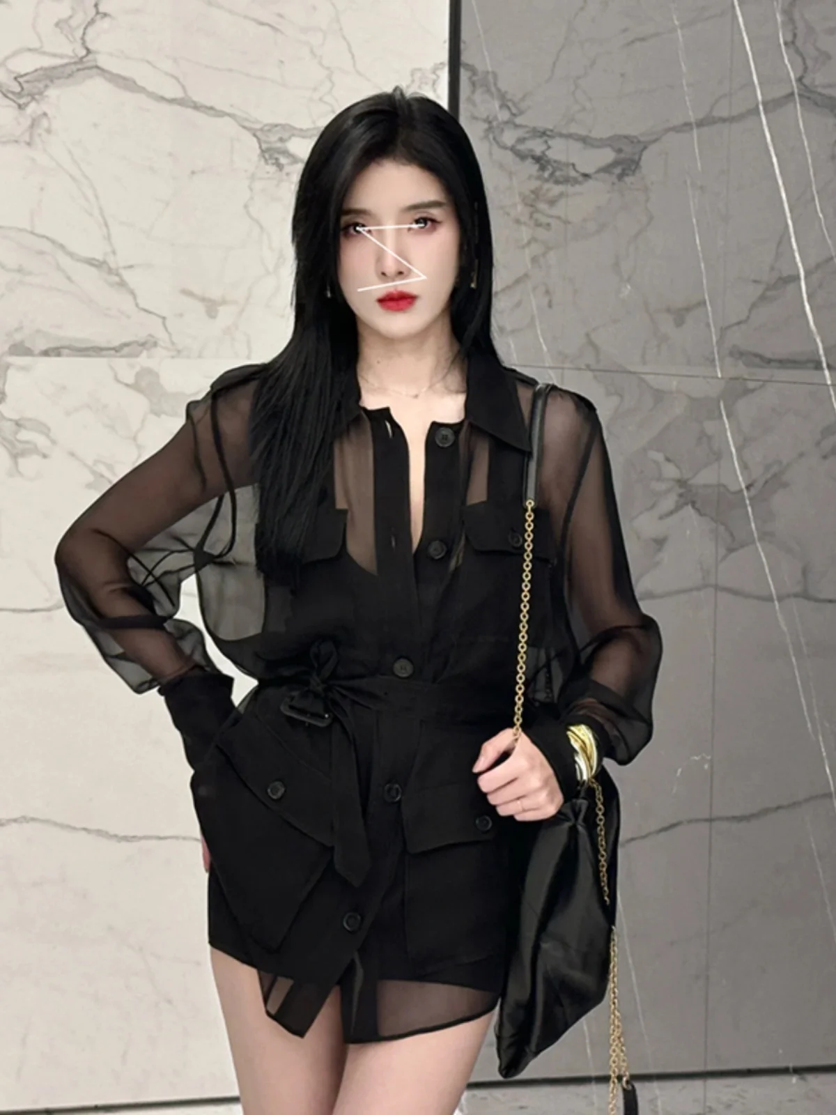 

Slimming Mid-Length irt with Belt And kets Sexy Simple Collar See-tough Hunting Clothes for Women