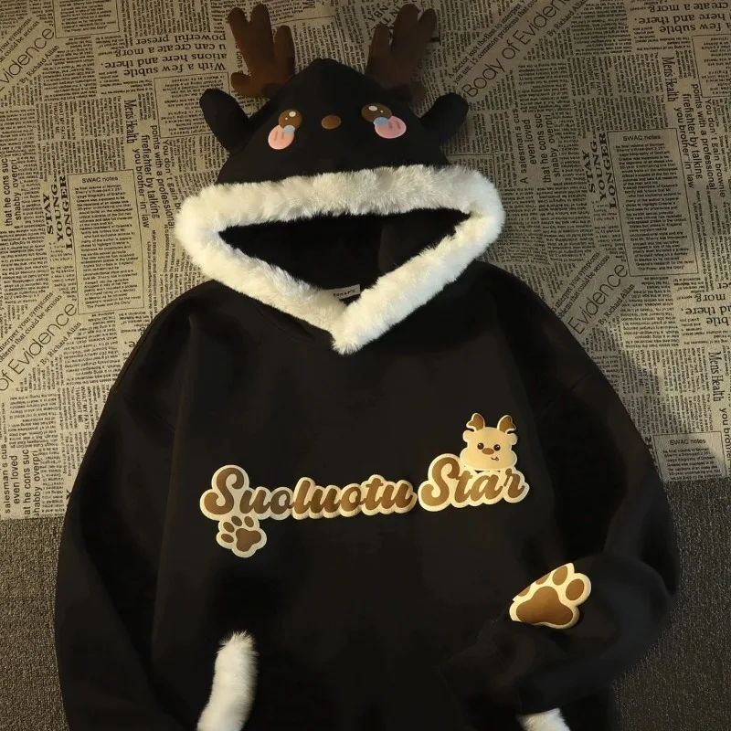 

Рождественская плюшевая толстовка с капюшоном и оленьими ушками для женщин, тонкая и утолщенная куртка