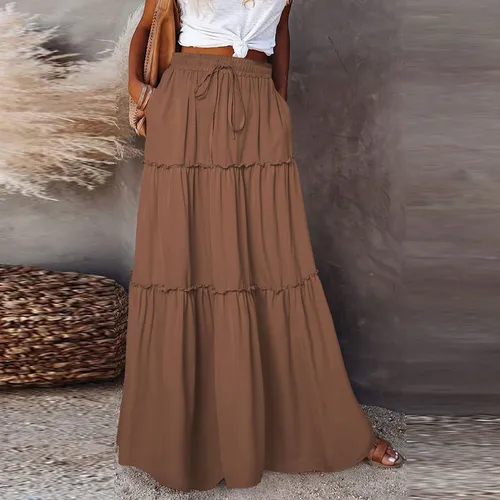 Falda larga a la moda para mujer, faldas largas de Color sólido, cintura elástica, suelta, informal, cintura alta, vestido versátil de medio cuerpo