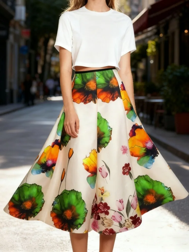 

Lemongor 2026 New Women's Elegant Chic Floral Printed A-Line Skirt Loose Elastic High Waisted Casual Office Party Midi Skirts