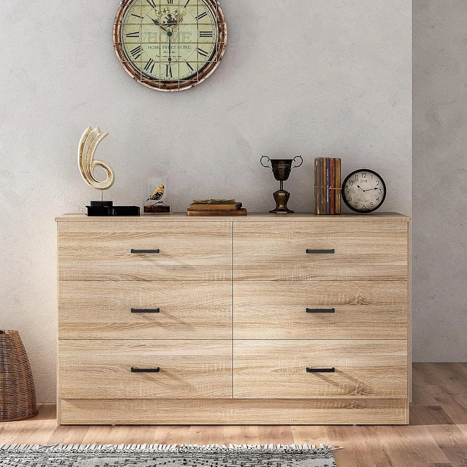 Wood Dresser for Bedroom, 6 Drawer Double Dresser with Metal Handles, 15.8" D x 47.2" W x 27.7" H, Light Oak