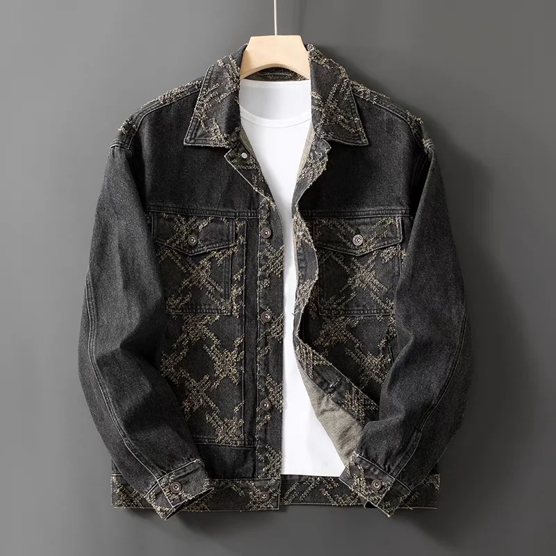 

Trendy Brand Embroidered Floral Denim Jaet Men's Loose Retro Faded Spring Autumn Sle Cotton Polyester Casual Coat