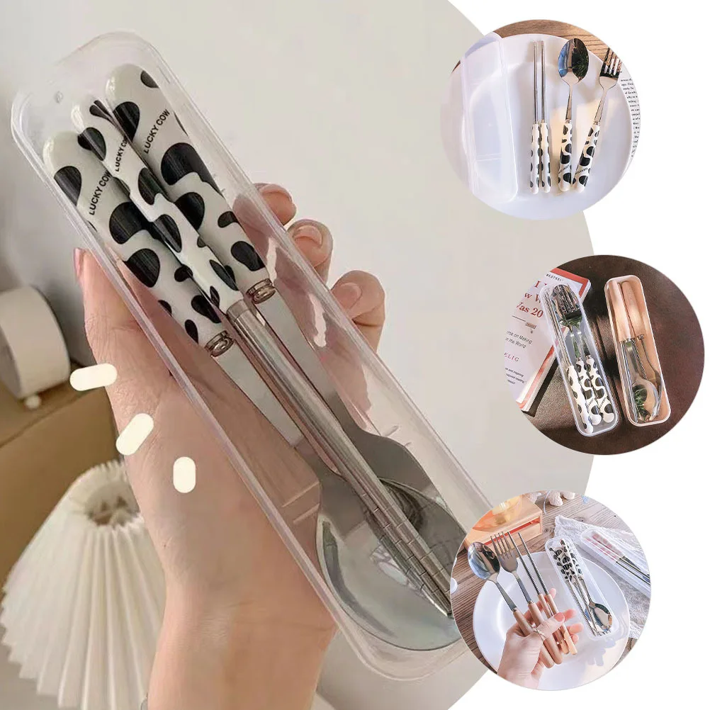 

1 set 1 Set Cartoon Cow Tableware Kit Portable Silverware For Travel Camping Picnic Outdoor Fork Spoon Chopsticks Set With Case