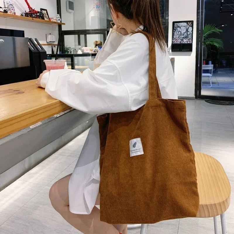 Corduroy Bag Handbags for Women Shoulder Bags Female Soft Solid Color Storage Reusable Girls Large Capacity Shopper Totes Bag